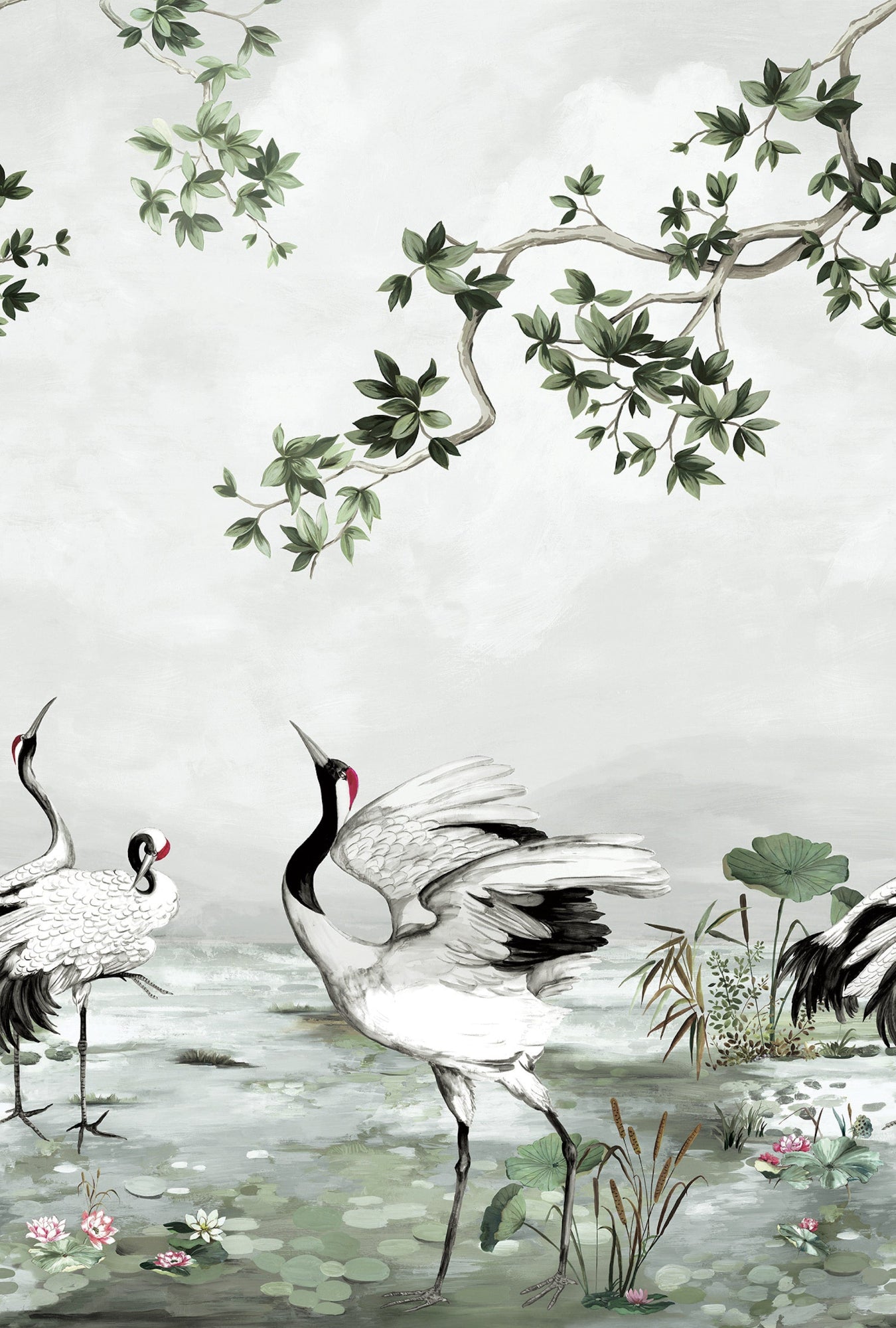 Crane Mural Silver Grey Daisy Bennett Wallpaper by Galerie