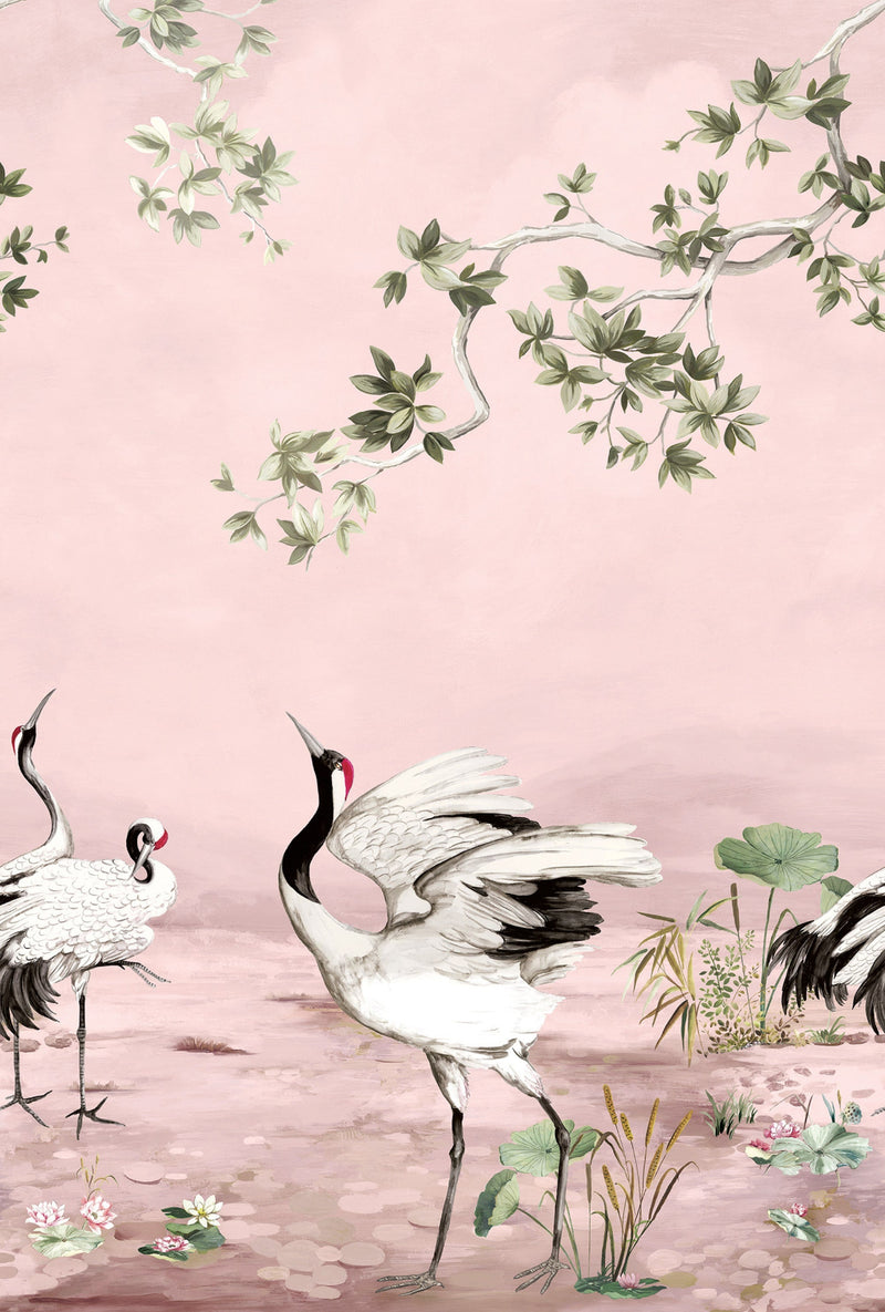Crane Mural Pink Daisy Bennett Wallpaper by Galerie