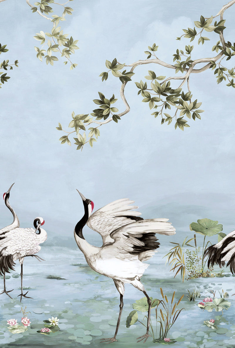 Crane Mural Blue Daisy Bennett Wallpaper by Galerie