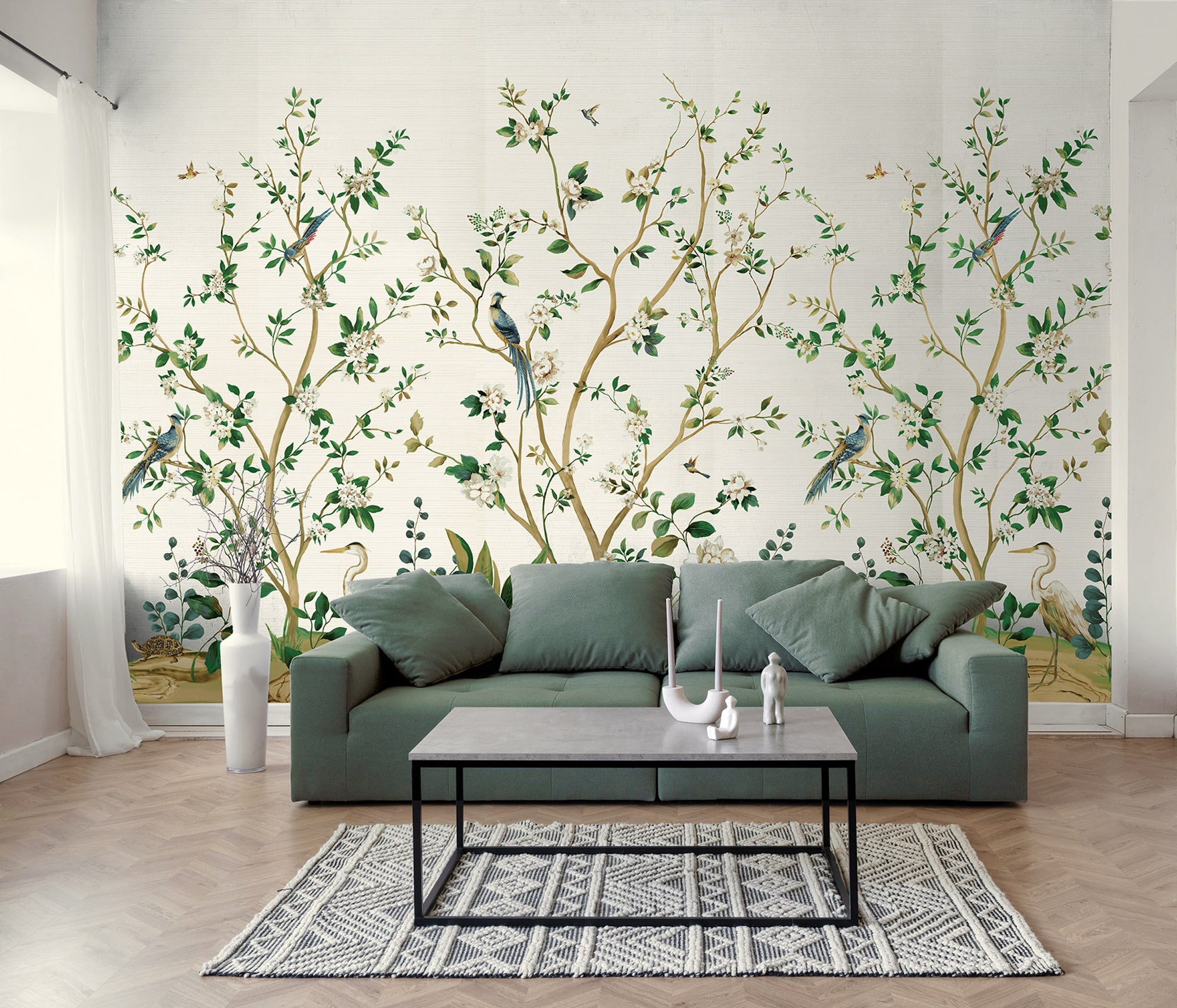 Heron Botanical Mural Greens Wallpaper by Galerie