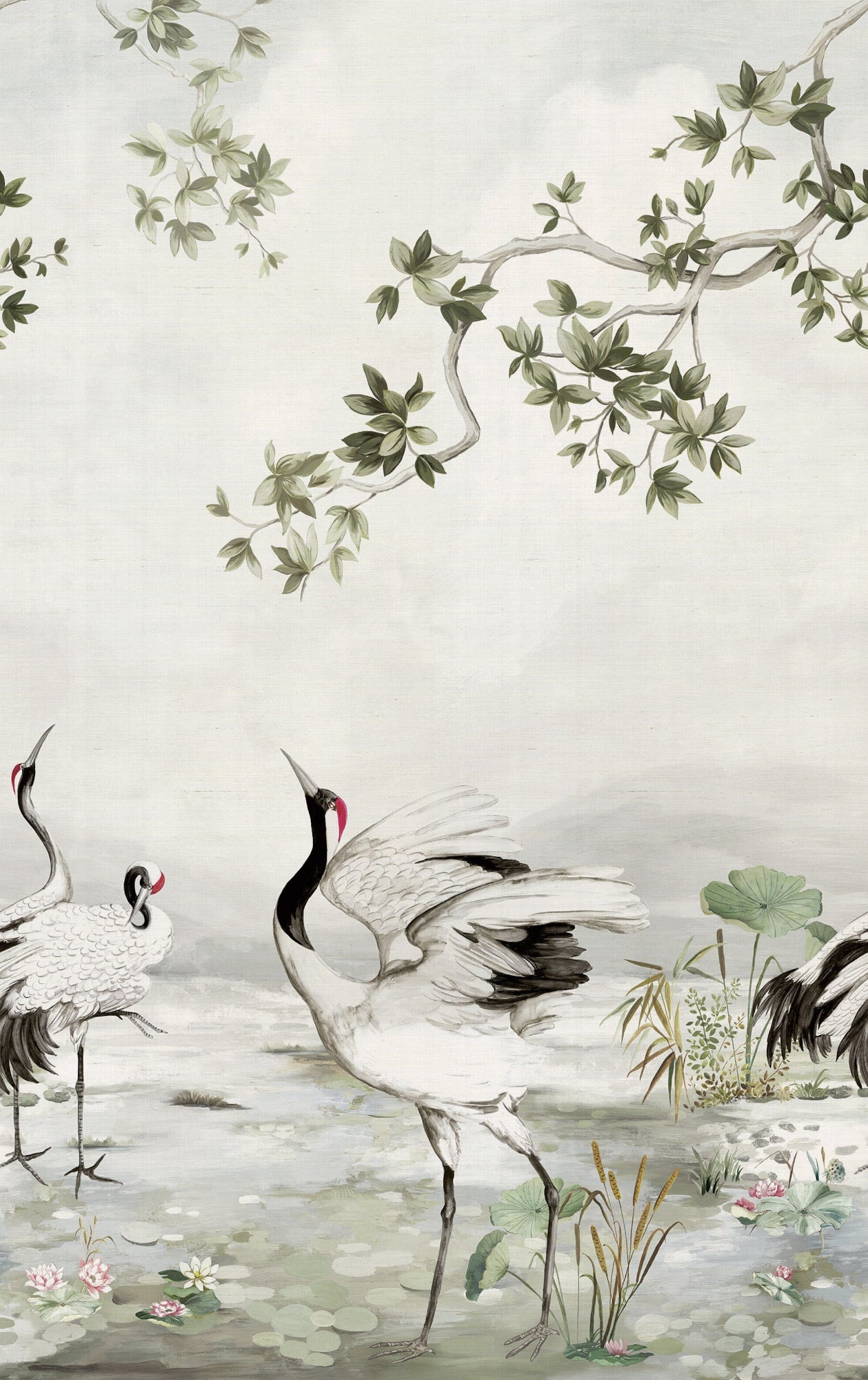 Crane Mural Silver Grey Daisy Bennett Wallpaper by Galerie