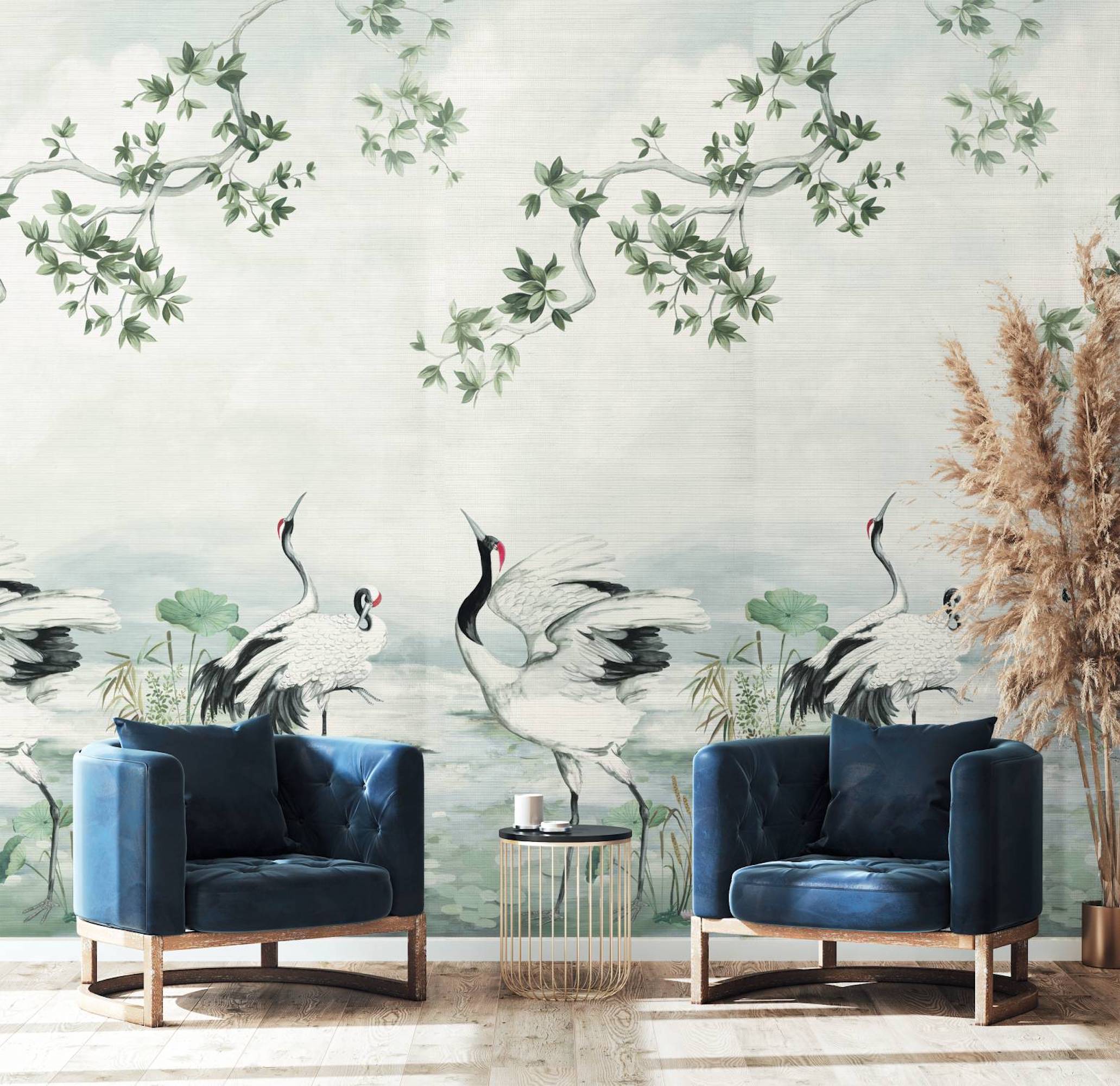 Crane Mural Silver Grey Daisy Bennett Wallpaper by Galerie