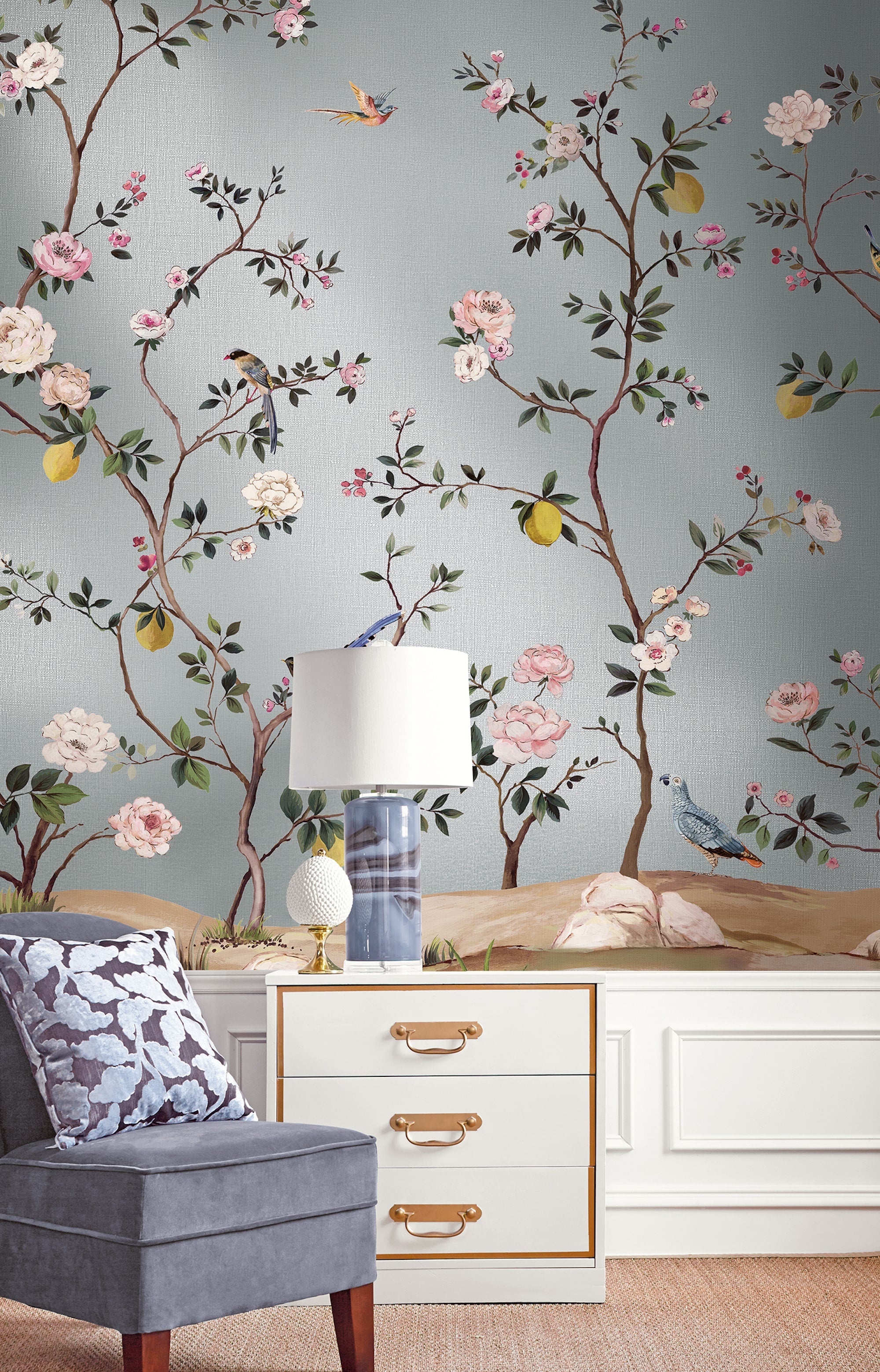 Blossom Mural Silver Grey Daisy Bennett Wallpaper by Galerie