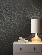 DD3811 Luminous Branches Black & Gold Dazzling Dimensions Wallpaper by York Wallcoverings