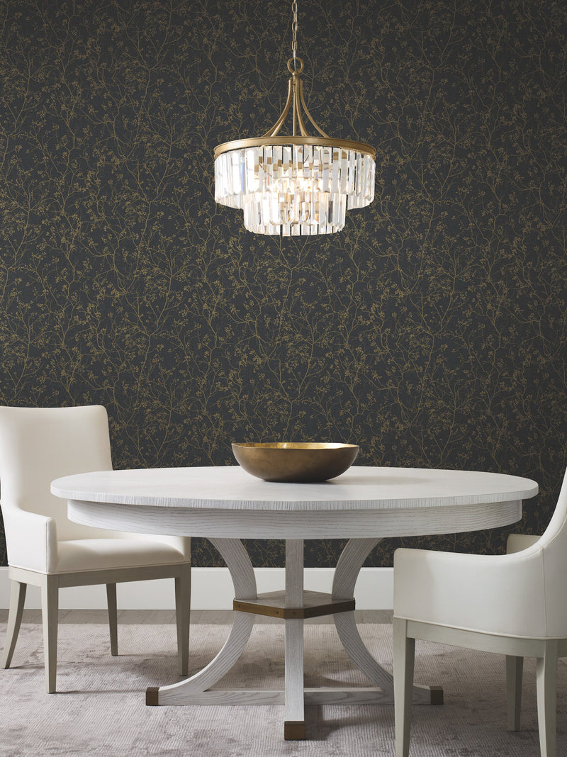 DD3811 Luminous Branches Black & Gold Dazzling Dimensions Wallpaper by York Wallcoverings