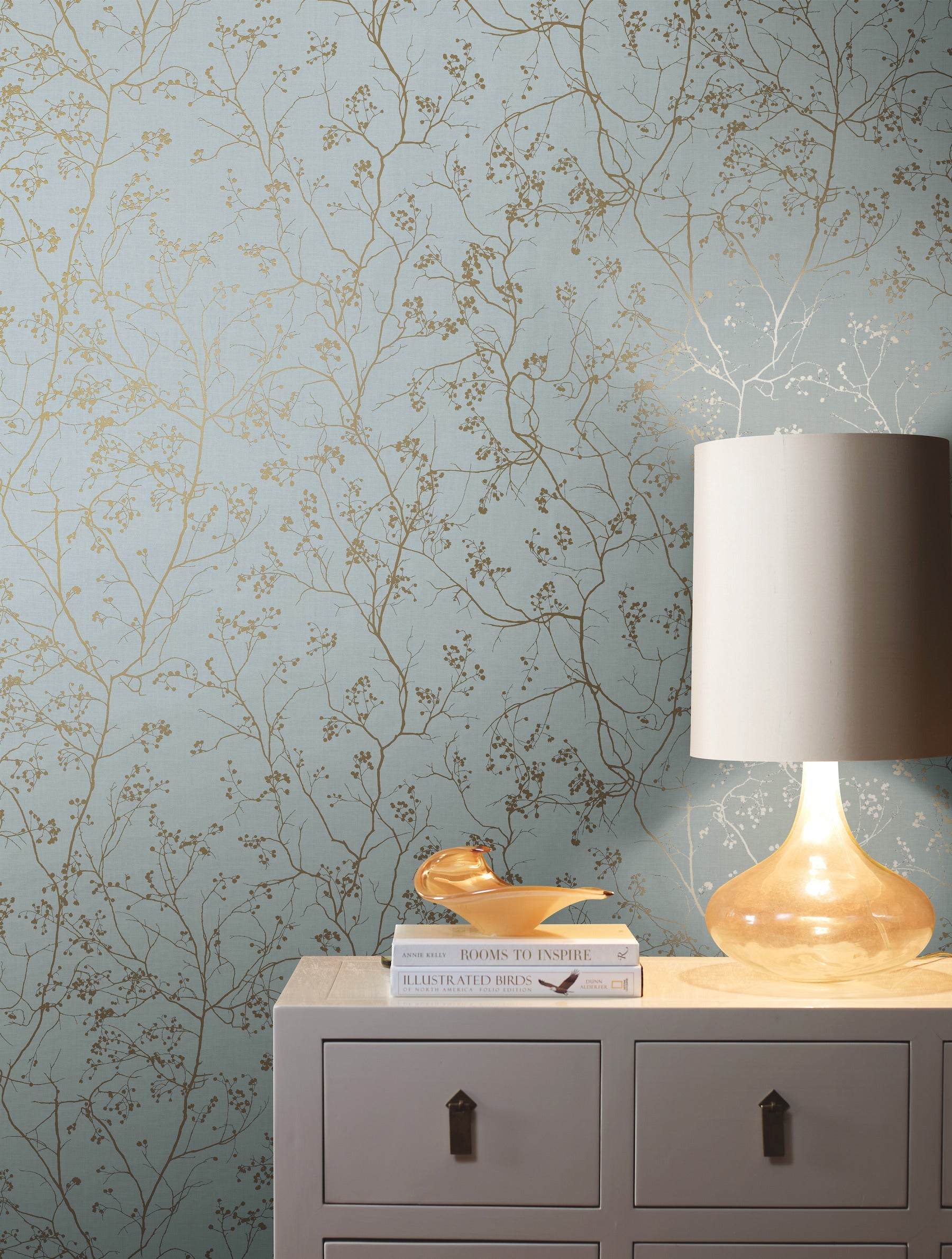 DD3813 Luminous Branches Blue & Gold Dazzling Dimensions Wallpaper by York Wallcoverings