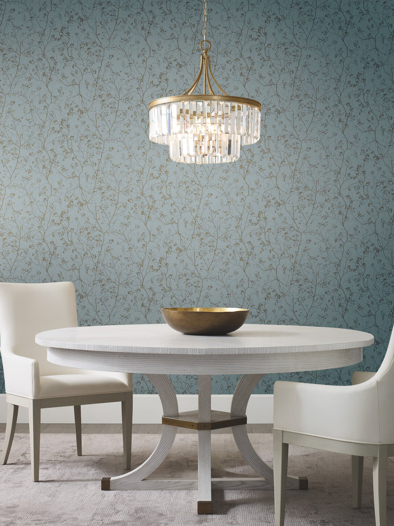 DD3813 Luminous Branches Blue & Gold Dazzling Dimensions Wallpaper by York Wallcoverings