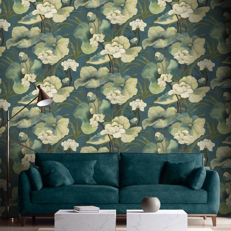 DE01735 Waterlily Designology Petrol Wallpaper By Sketch Twenty 3