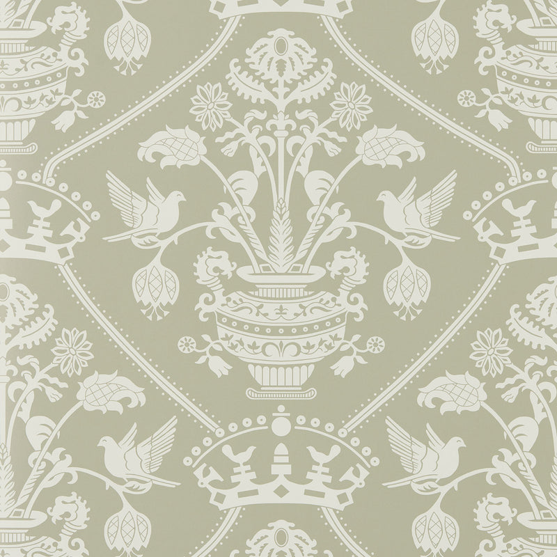 217502 Highgrove Damask Highgrove Silver Green Wallpaper by Sanderson