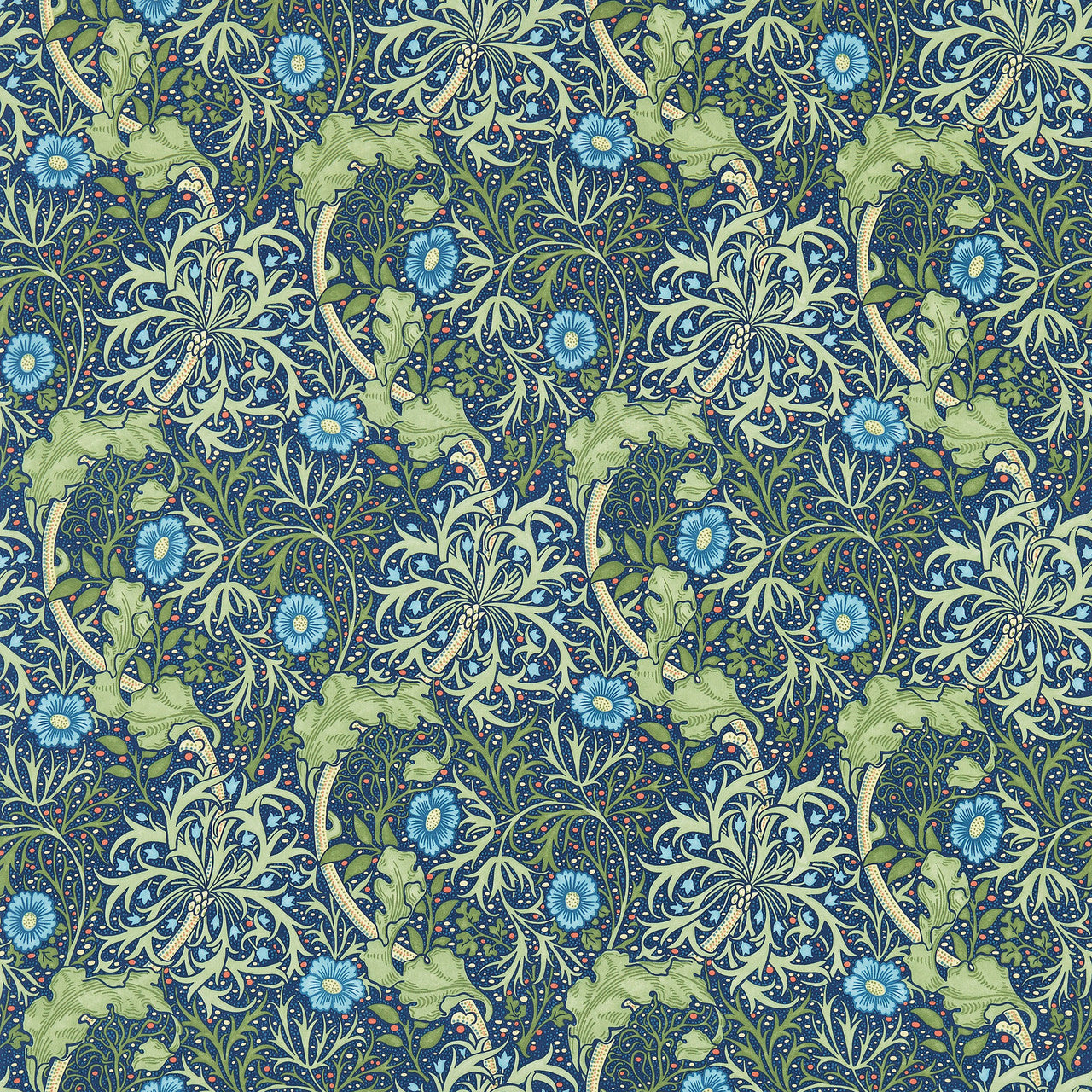 224472 Seaweed Morris & Friends Cobalt and Thyme Fabric by Morris & Co