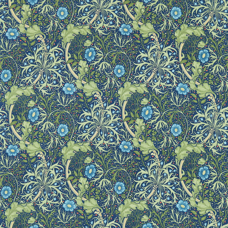 224472 Seaweed Morris & Friends Cobalt and Thyme Fabric by Morris & Co
