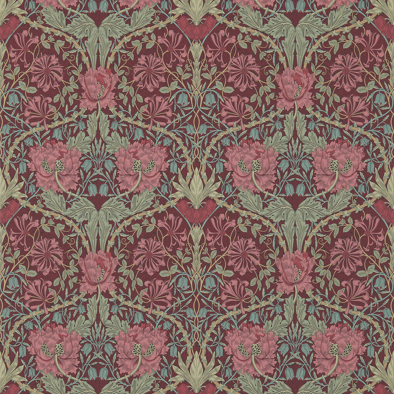 214703 Honeysuckle & Tulip Morris & Friends Burgundy & Sage Wallpaper by Morris & Co