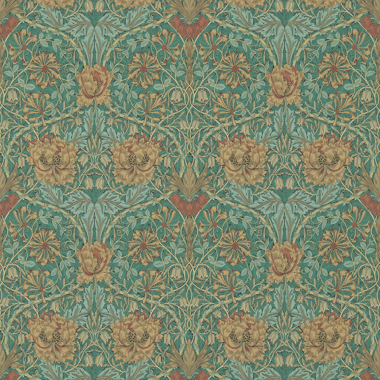 214704 Honeysuckle & Tulip Morris & Friends Emerald & Russet Wallpaper by Morris & Co