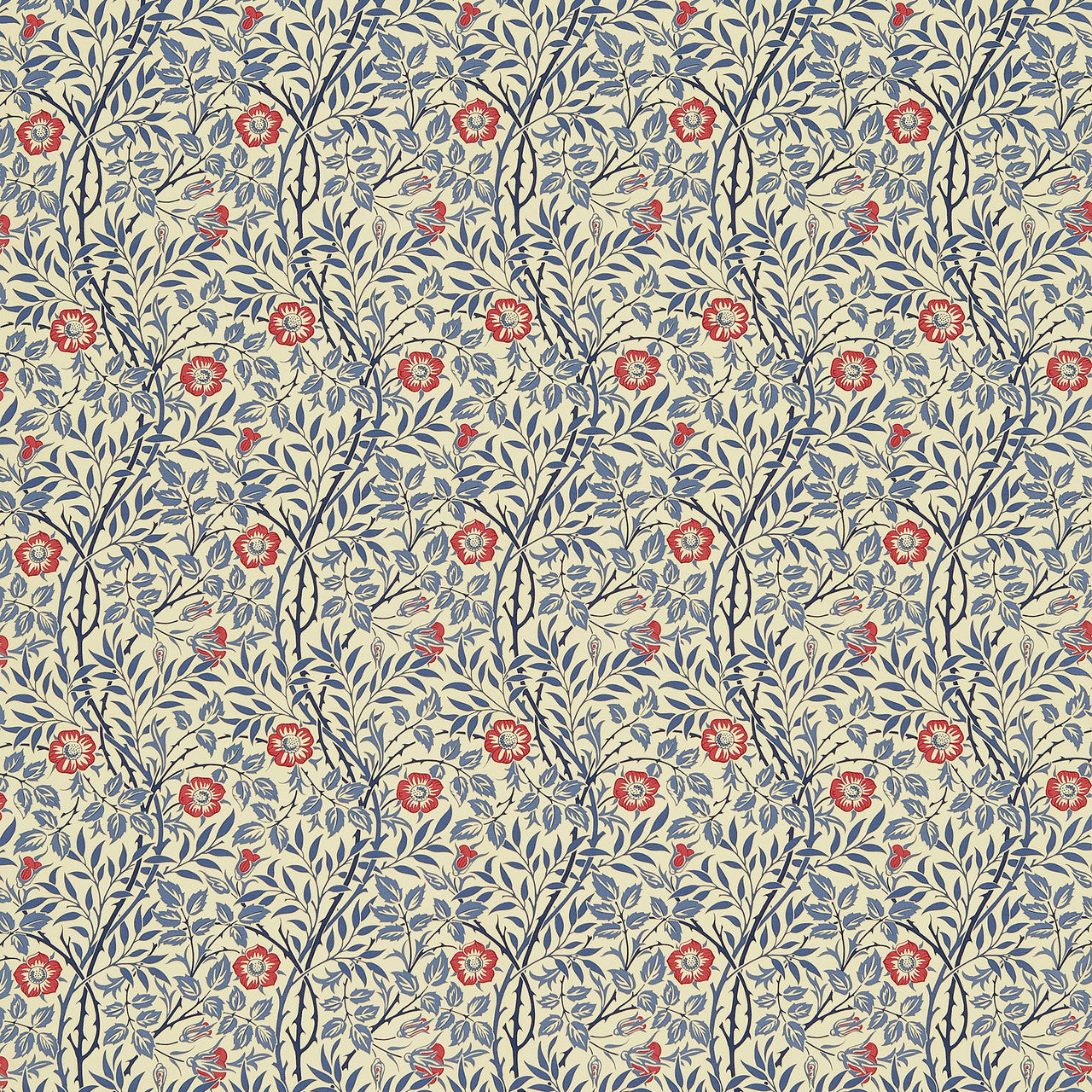 DMC130202 Sweet Briar Morris & Friends Indigo and Red Fabric by Morris & Co