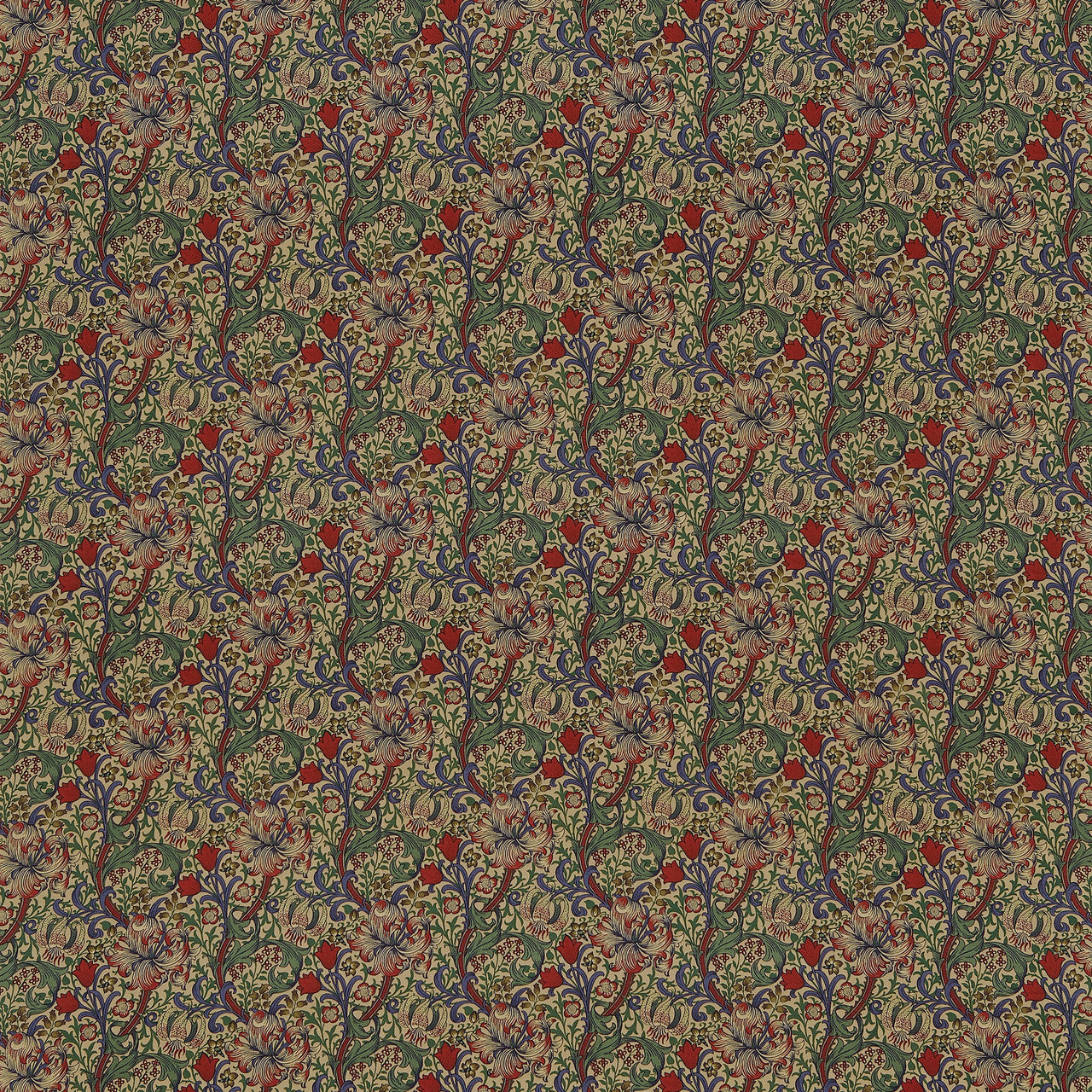 DMC1G4203 Golden Lily Minor Morris & Friends Biscuit, Indigo and Red Fabric by Morris & Co