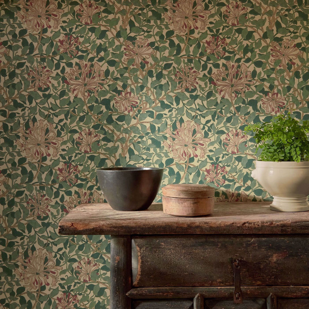 Honeysuckle Morris & Friends Green, Coral and Pink Wallpaper by Morris & Co