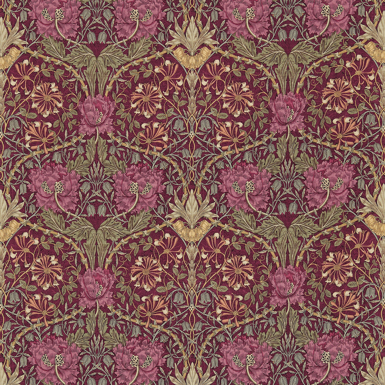 DMORHO204 Honeysuckle & Tulip Morris & Friends Wine and Bayleaf Fabric by Morris & Co