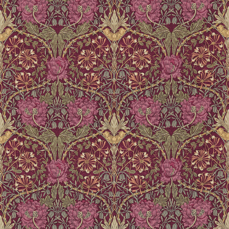 DMORHO204 Honeysuckle & Tulip Morris & Friends Wine and Bayleaf Fabric by Morris & Co