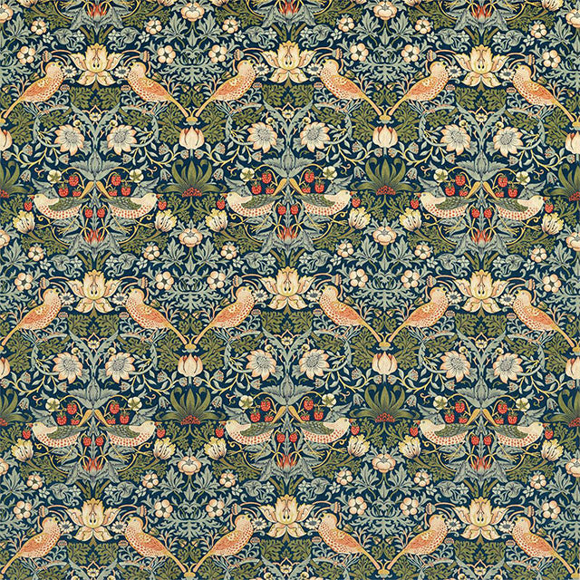 236932 Strawberry Thief Velvet Rouen Velvets Indigo/Thyme Fabric by Morris & Co