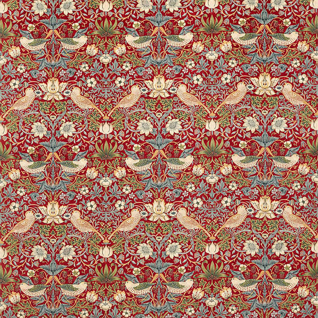 236933 Strawberry Thief Velvet Rouen Velvets Crimson/Slate Fabric by Morris & Co