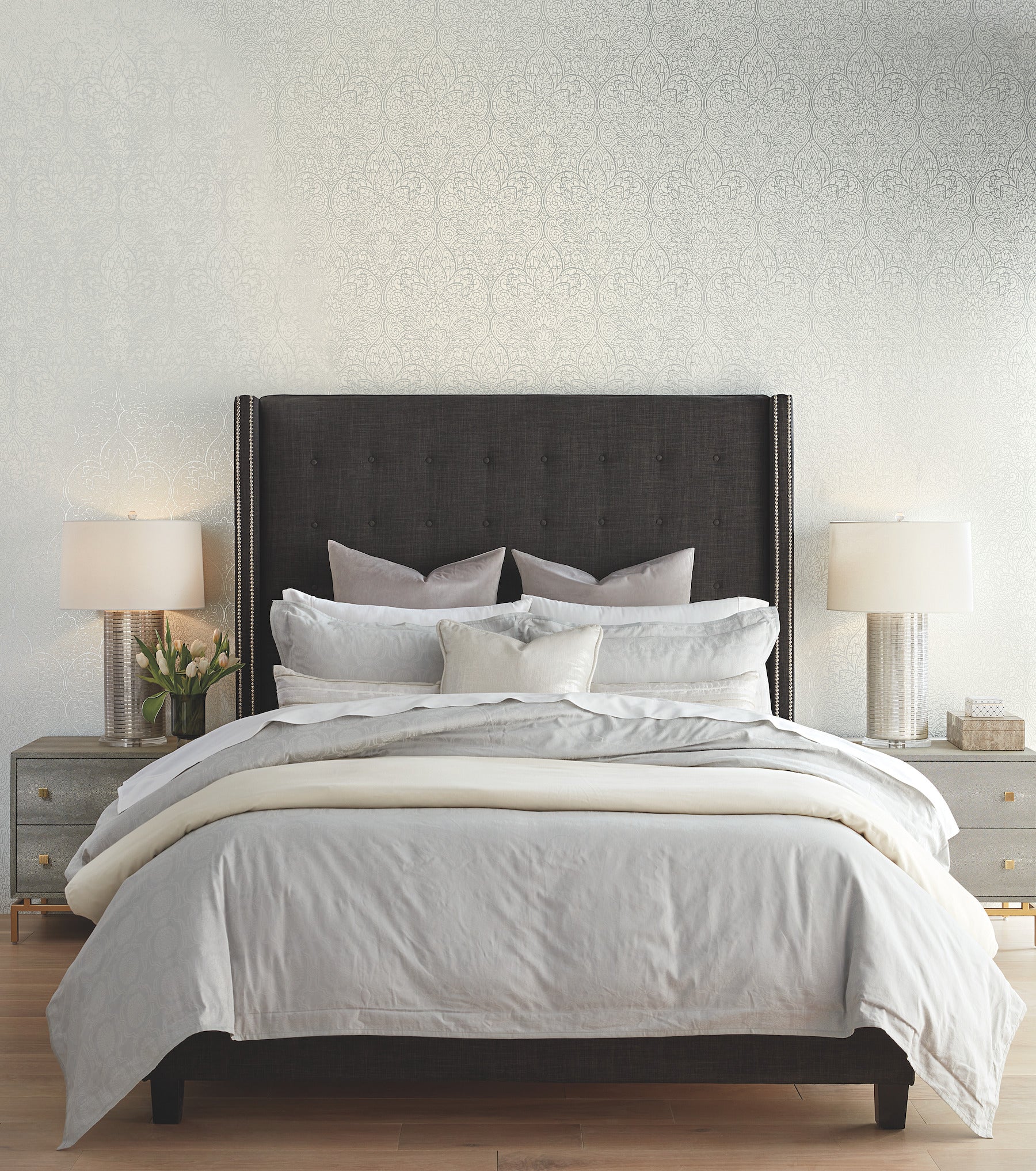 DT5011 Paradise Bright White & Silver After Eight Wallpaper by York Wallcoverings