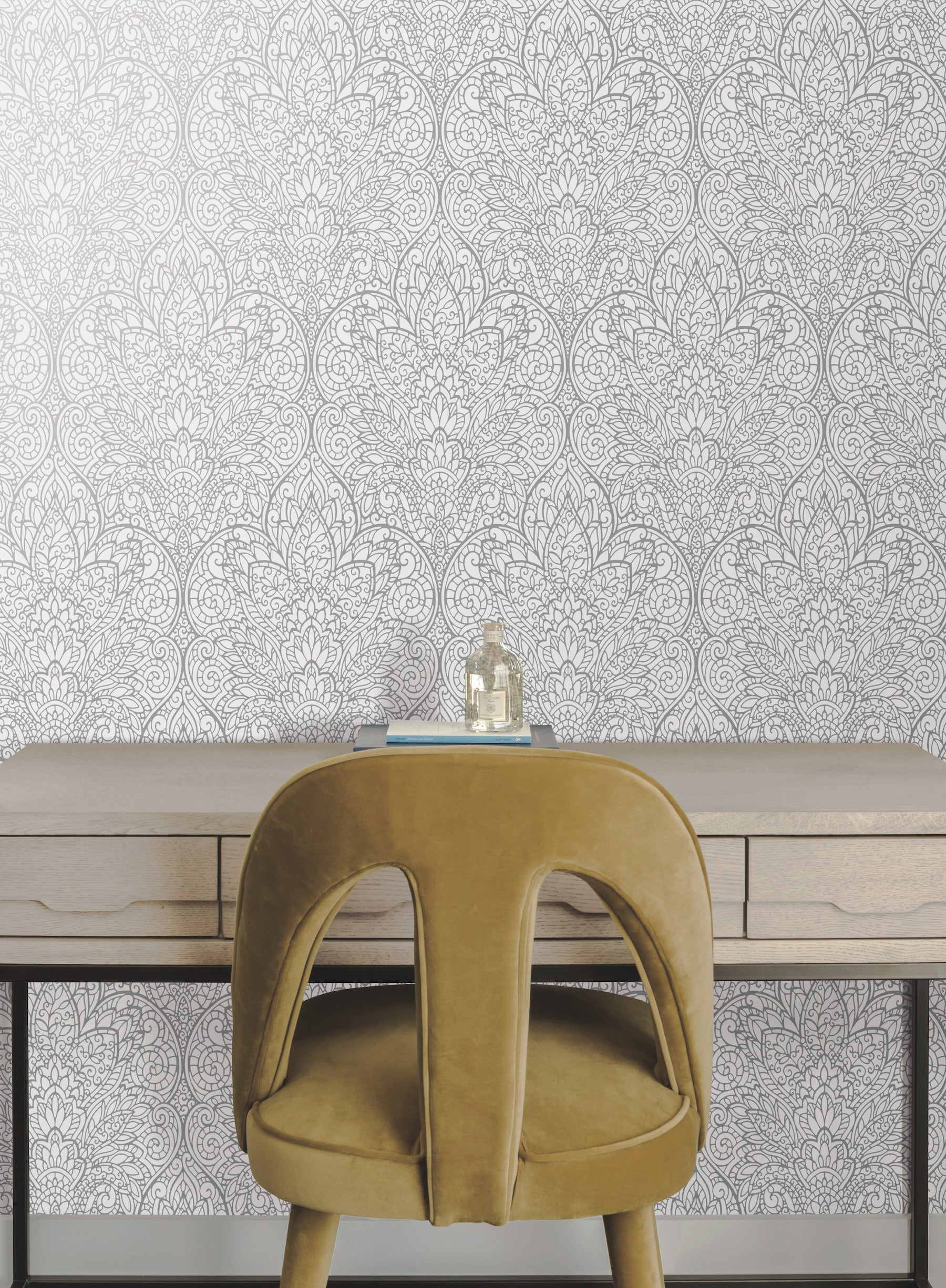 DT5011 Paradise Bright White & Silver After Eight Wallpaper by York Wallcoverings