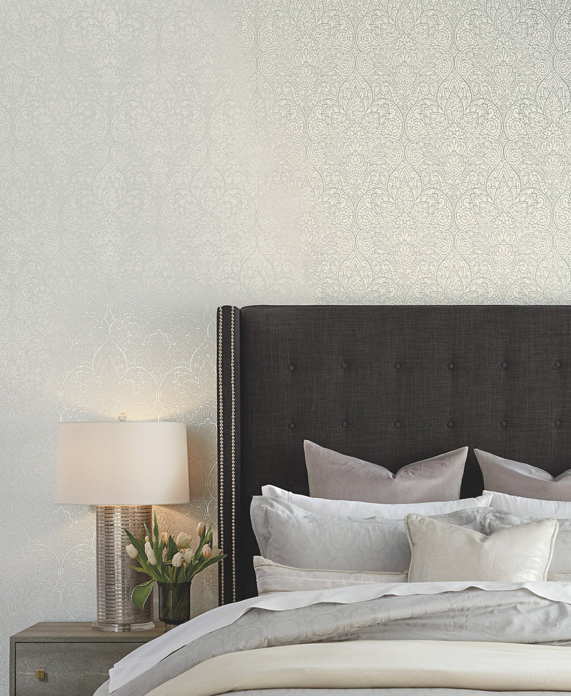 DT5011 Paradise Bright White & Silver After Eight Wallpaper by York Wallcoverings
