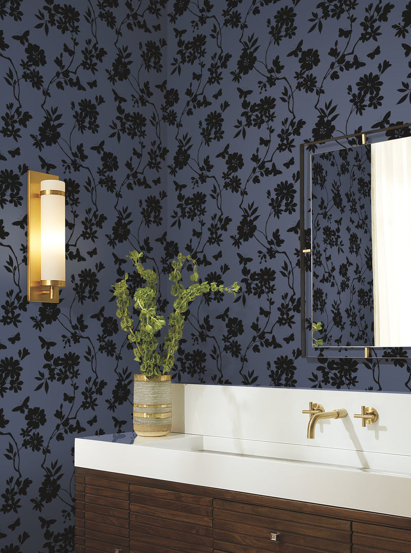 DT5021 Flutter Vine Blue & Black After Eight Wallpaper by York Wallcoverings