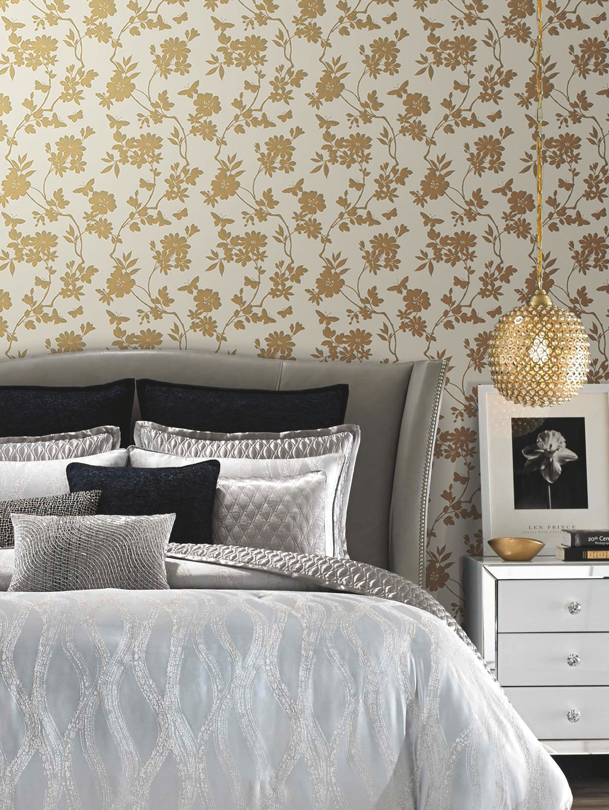 DT5022 Flutter Vine White & Gold After Eight Wallpaper by York Wallcoverings