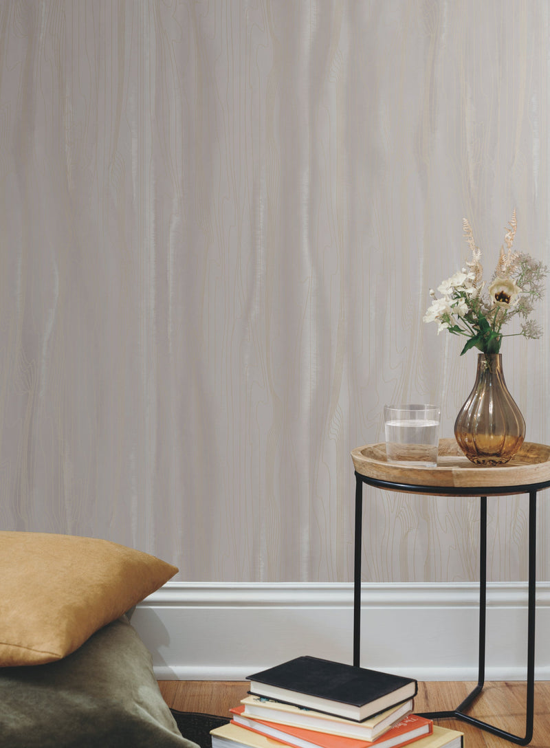 DT5032 Fantasy Faux Bois Taupe & Gold After Eight Wallpaper by York Wallcoverings