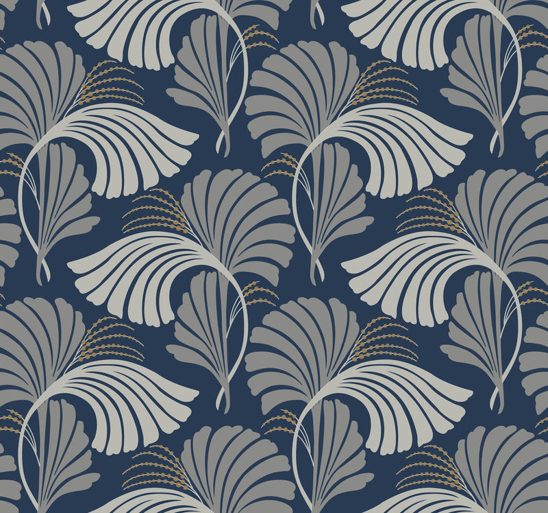 DT5133 Dancing Leaves Navy After Eight Wallpaper by York Wallcoverings