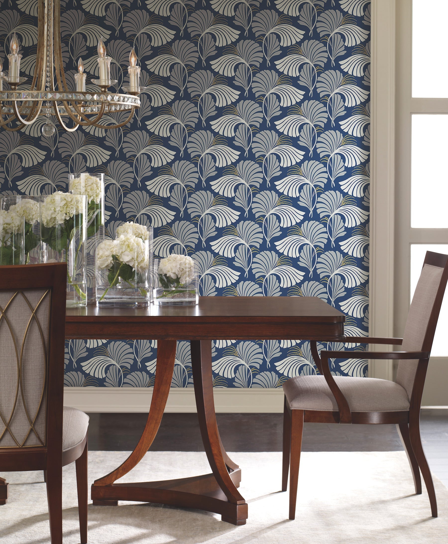 DT5133 Dancing Leaves Navy After Eight Wallpaper by York Wallcoverings