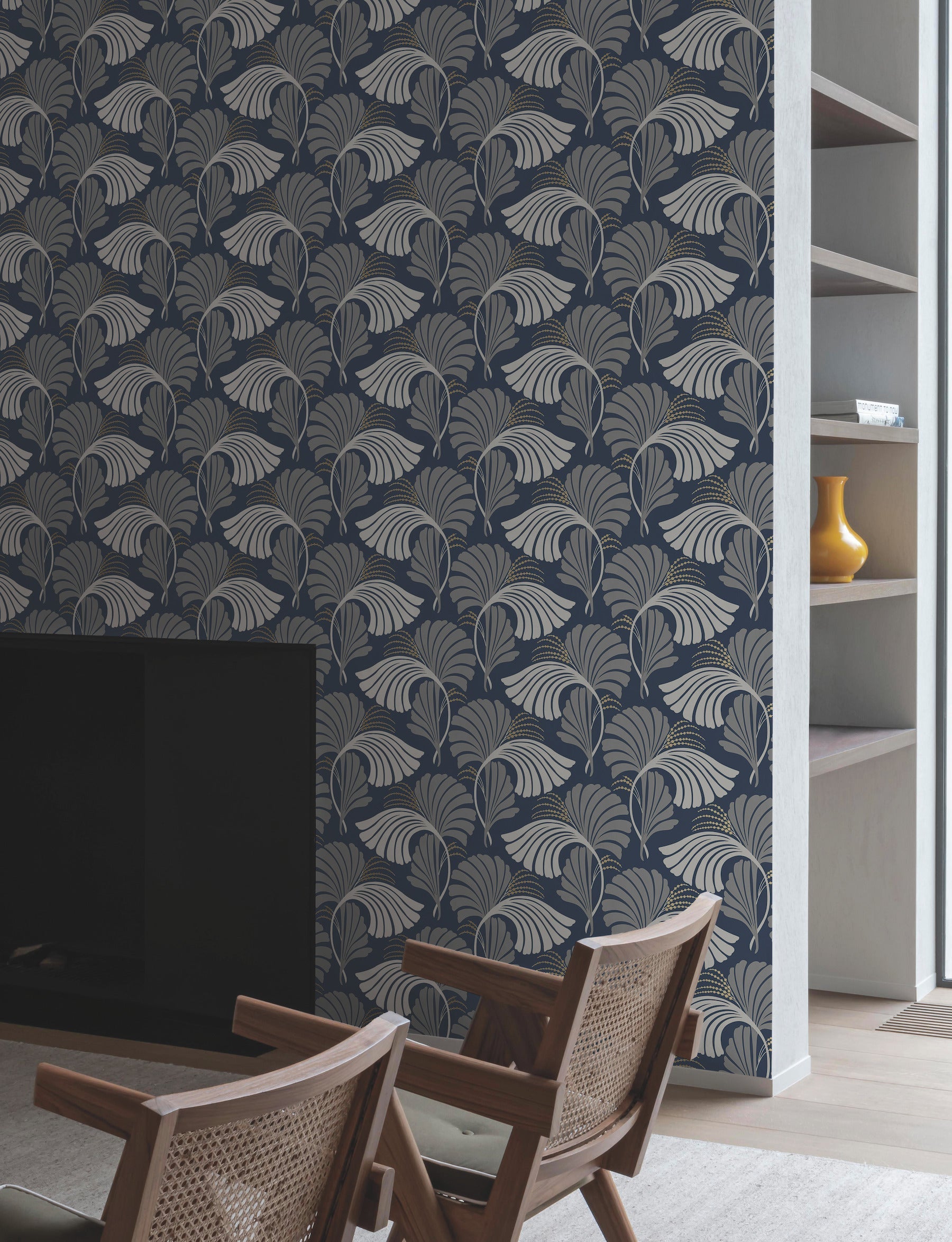 DT5133 Dancing Leaves Navy After Eight Wallpaper by York Wallcoverings