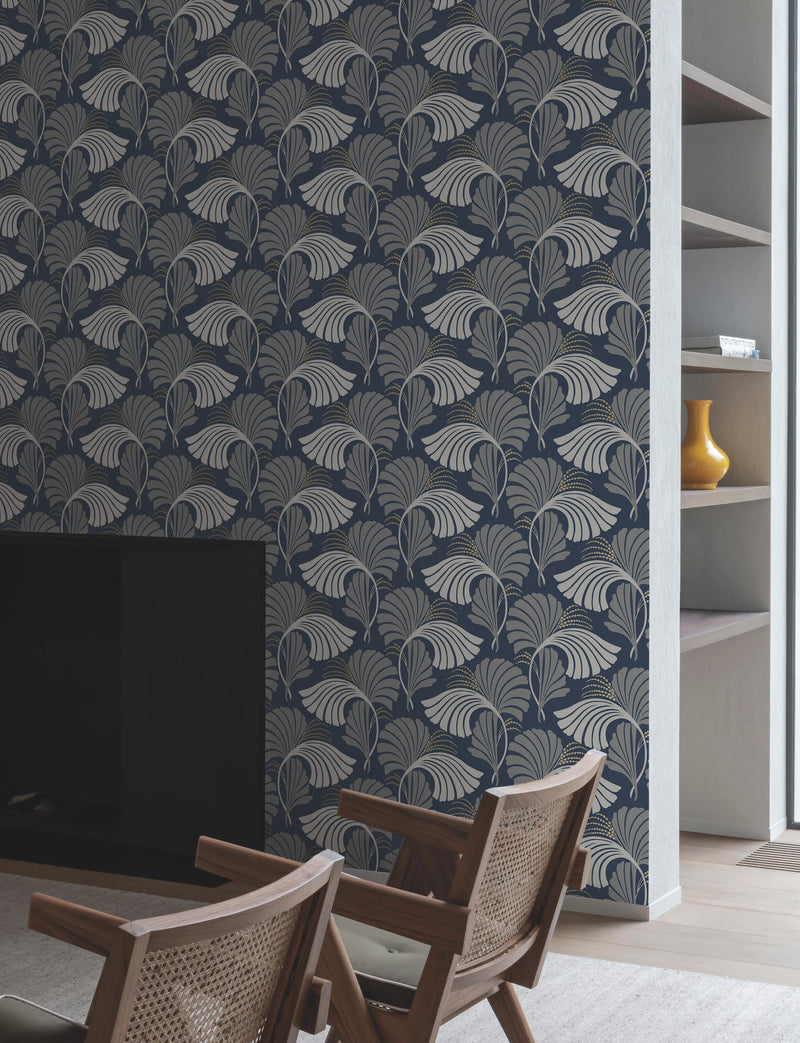 DT5133 Dancing Leaves Navy After Eight Wallpaper by York Wallcoverings
