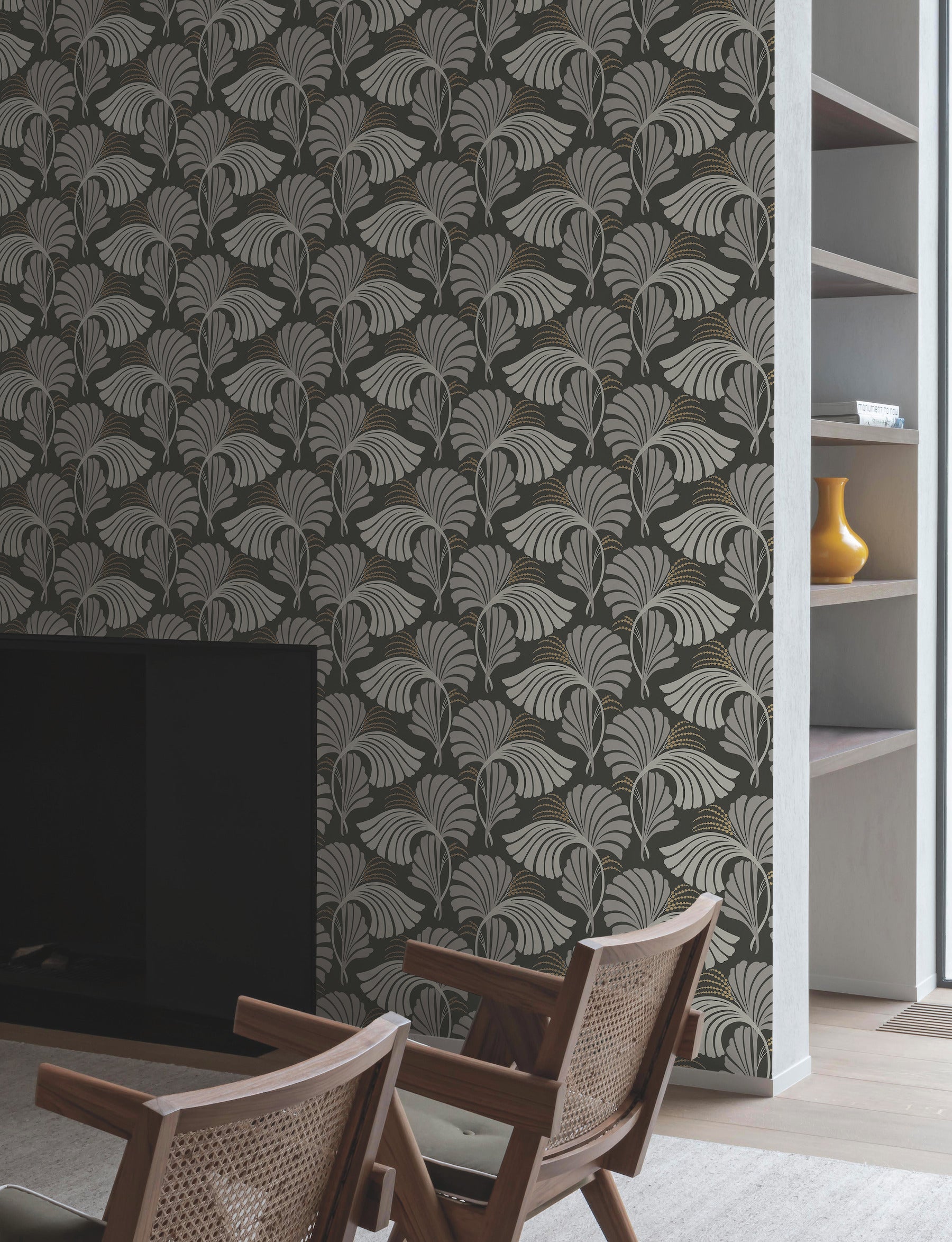 DT5134 Dancing Leaves Black After Eight Wallpaper by York Wallcoverings