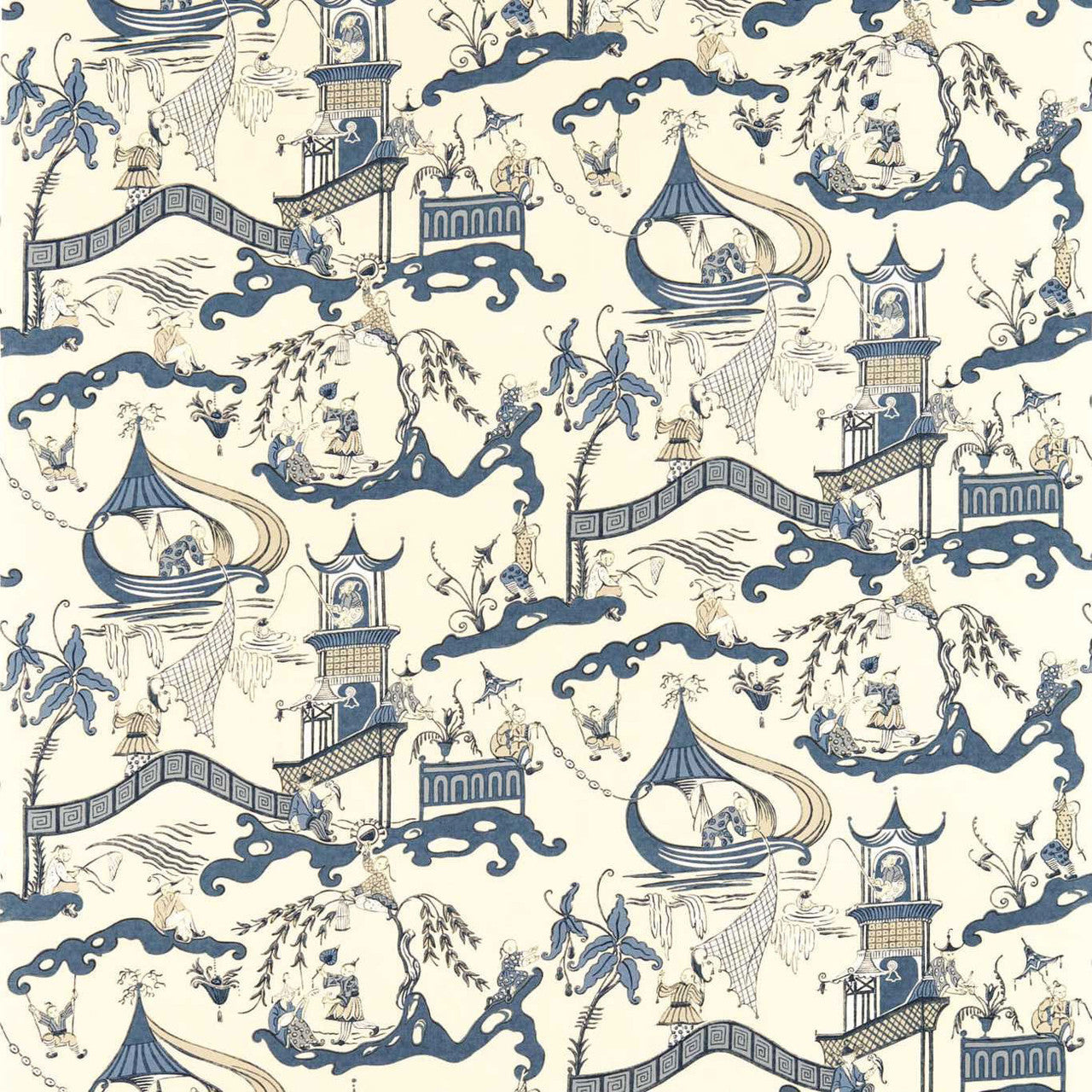 DVIPPA202 Pagoda River Water Garden Indigo/Blue Fabric by Sanderson