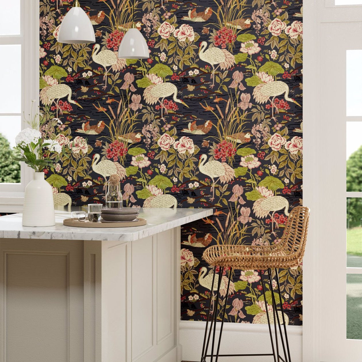 217123 ( DWAW217123 ) Crane & Frog Water Garden Wallpaper by Sanderson