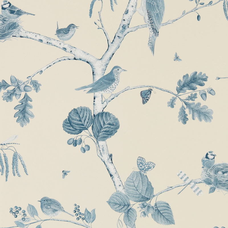 215705 Woodland Chorus Country Woodland Indigo and Ecru Wallpaper by Sanderson