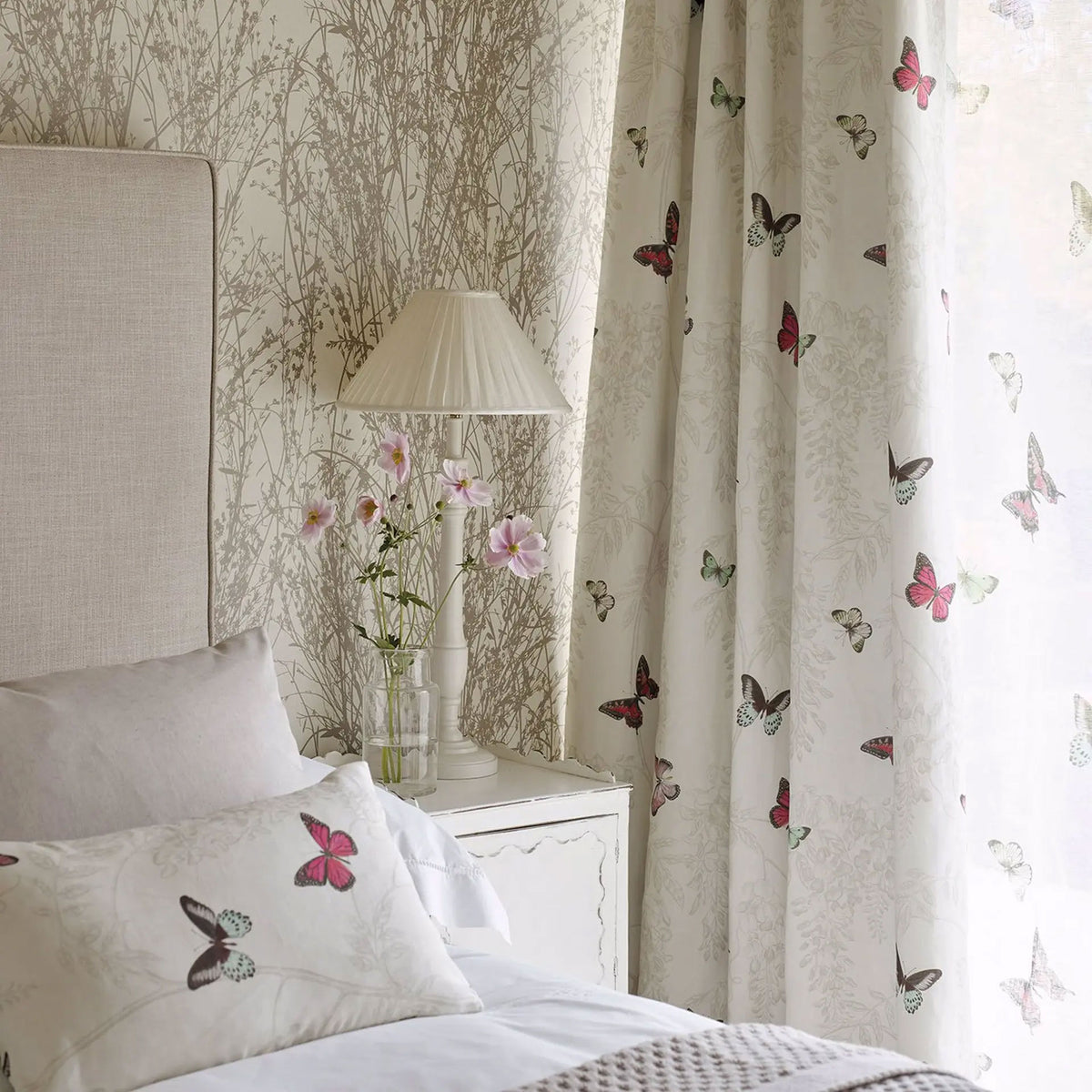 Butterfly Voile Fuchsia/Cream Fabric by Sanderson