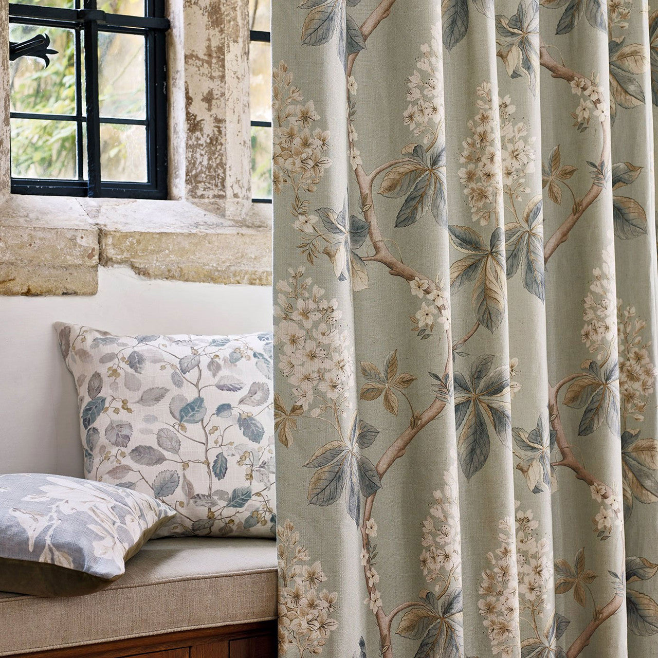 225513 Chestnut Tree Arboretum Grey Blue and Sage Fabric by Sanderson
