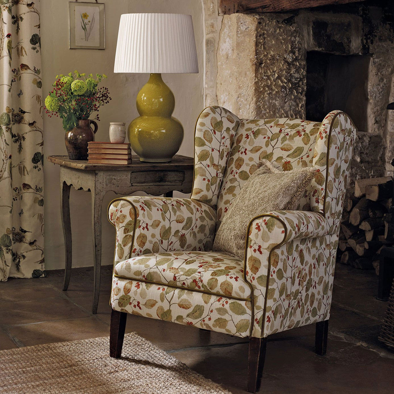 225530 Woodland Berries Arboretum Rosehip and Moss Fabric by Sanderson