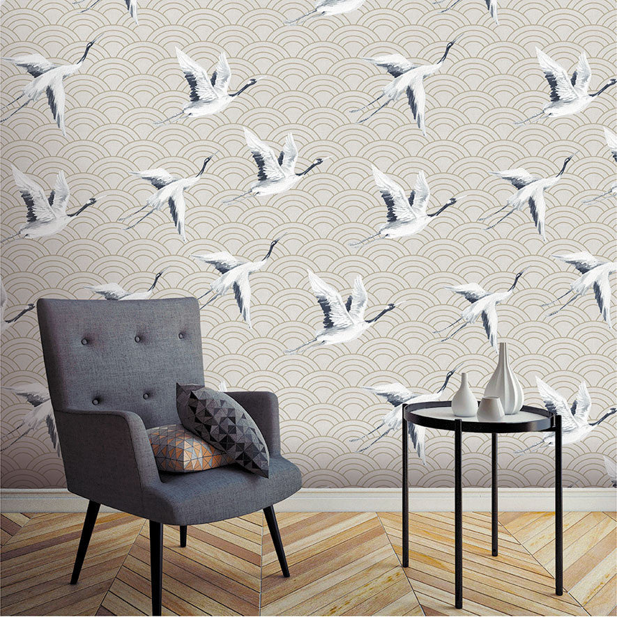 DYW0011 Japanese Cranes Discovery Light Gold Wallpaper By Sketch Twenty 3
