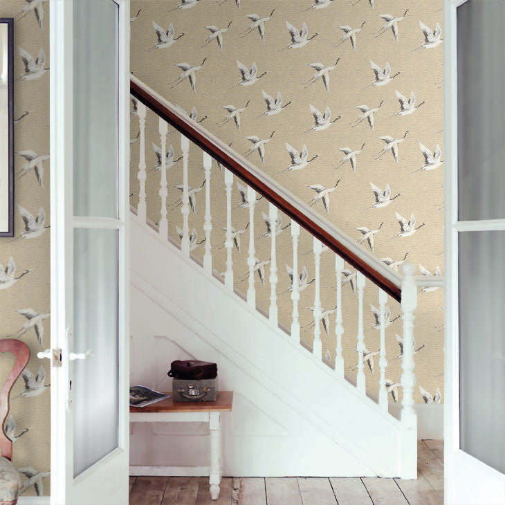 DYW0013 Japanese Cranes Discovery Rich Gold Wallpaper By Sketch Twenty 3