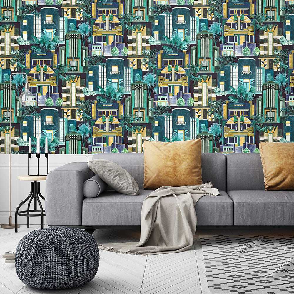 BMHD002/02A Downtown Deco Heart Deco Indigo Wallpaper by Brand McKenzie