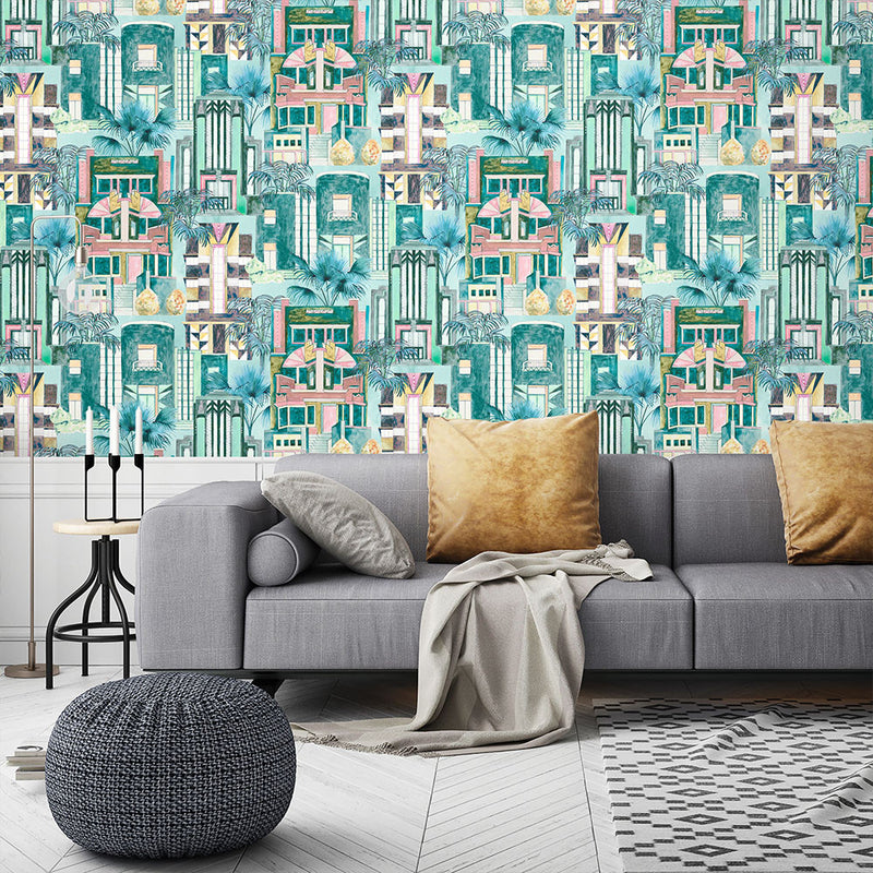 BMHD002/02B Downtown Deco Heart Deco Miami Mint Wallpaper by Brand McKenzie