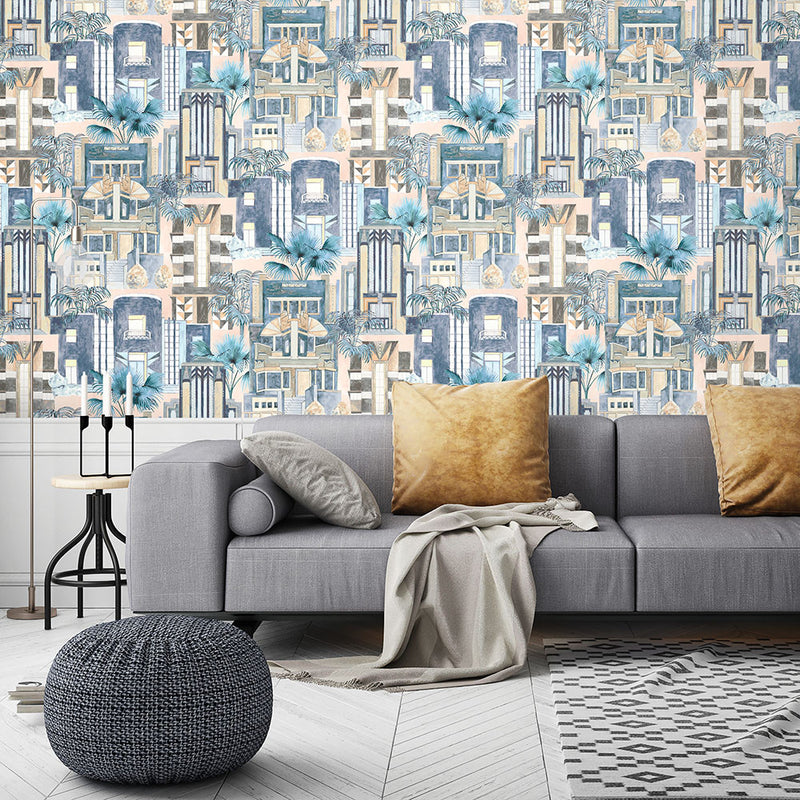 BMHD002/02C Downtown Deco Heart Deco Pastel Blue Wallpaper