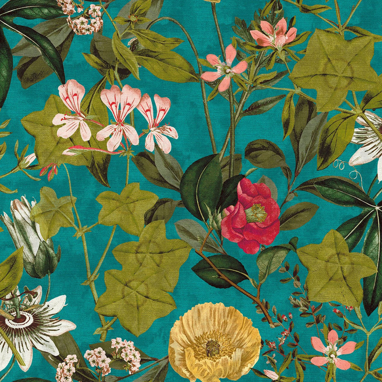 F1304/02 Passiflora Exotica Kingfisher Fabric by Clarke and Clarke