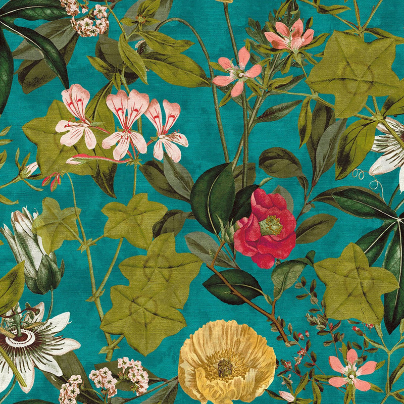 F1304/02 Passiflora Exotica Kingfisher Fabric by Clarke and Clarke