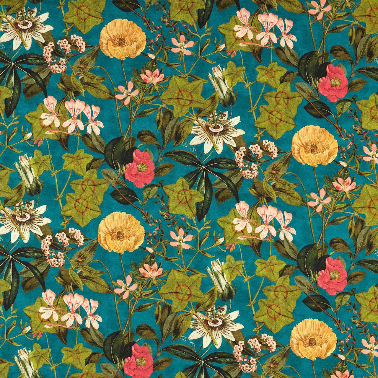F1672/02 Passiflora Outdoor Alfesco Indoor Outdoor Kingfisher Fabric by Clarke & Clarke