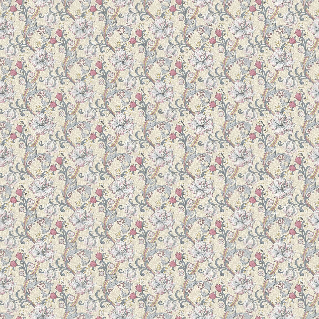 F1677/01 Golden Lily William Morris Designs Dove and Plum Fabric by Clarke & Clarke